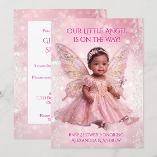Convite Chuva de Bebê Anjo Rosa Dourado Asas de Fada Étnic