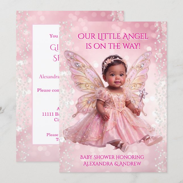 Convite Chuva de Bebê Anjo Rosa Dourado Asas de Fada Étnic (Frente/Verso)
