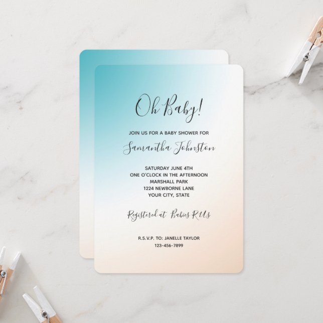 Convite Chuva de Bebê Aqua Peach White Ombre (Frente/Verso In Situ)
