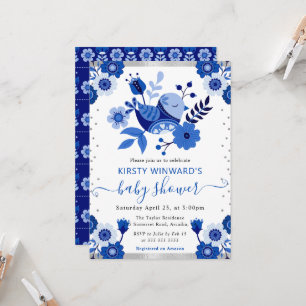 Convite Chuva de Bebê Aquarela Porcelana Floral Pássaro