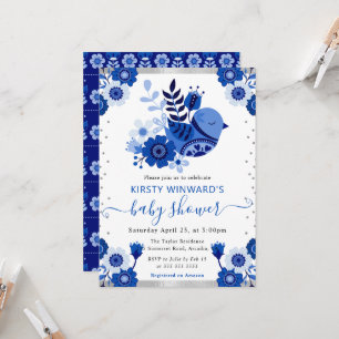 Convite Chuva de Bebê Aquarela Porcelana Floral Pássaro