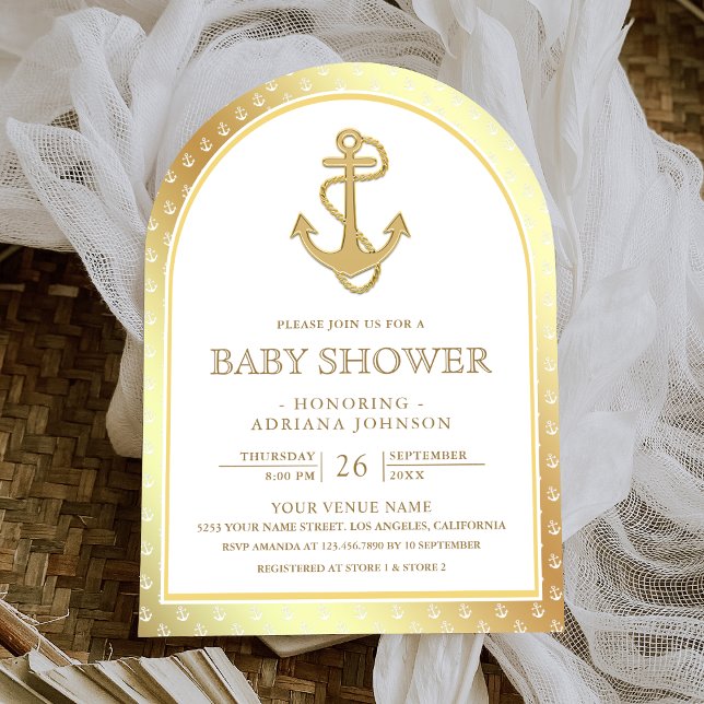 Convite Chuva de Bebê Arco Âncora Branco Náutico e Dourado (Criador carregado)