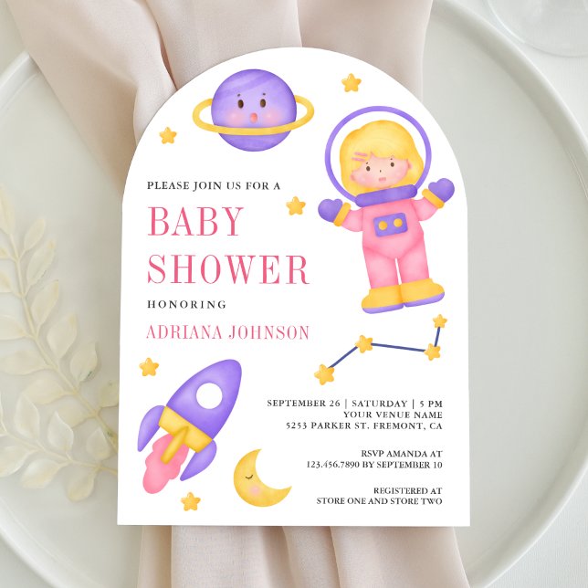Convite Chuva de Bebê Arco Astronauta Menina Rosa Espaço S (Criador carregado)