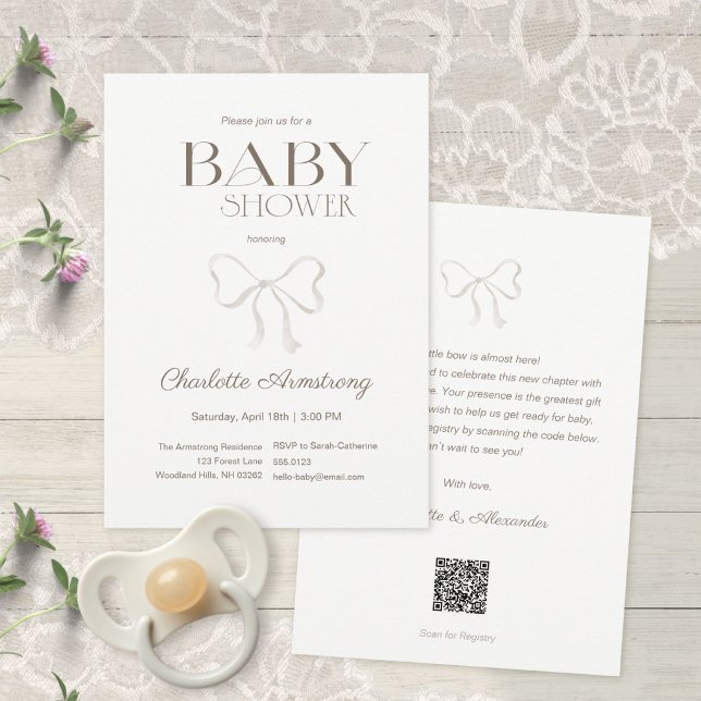 Convite Chuva de Bebê Arco de Aguarela Creme Quente Claro (Subtle Warm Cream Watercolor Bow Baby Shower Invitation ©Susanne Sachers - Sunny Mind 🌞)