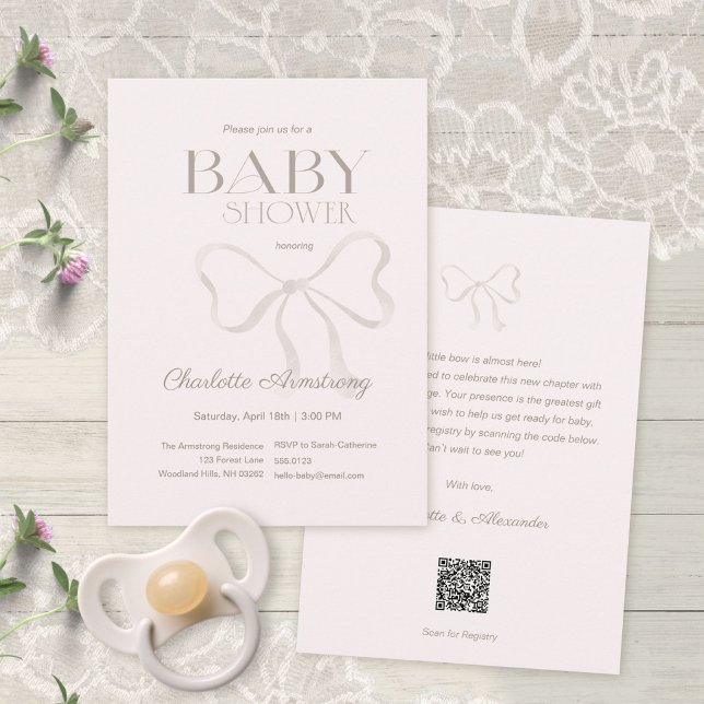 Convite Chuva de Bebê Arco de Aguarela Rosa Sutil em Tom d (Dusty Rose Watercolor Bow Baby Shower Invitation ©Susanne Sachers - Sunny Mind 🌞)