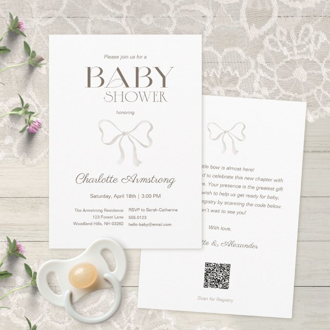 Convite Chuva de Bebê Arco de Aquarela Branca Limpa (Clean White Watercolor Bow Baby Shower Invitation ©Susanne Sachers - Sunny Mind 🌞)