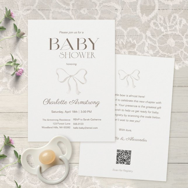 Convite Chuva de Bebê Arco de Aquarela Verde Sage Claro (Subtle Sage Green Watercolor Bow Baby Shower Invitation ©Susanne Sachers - Sunny Mind 🌞)