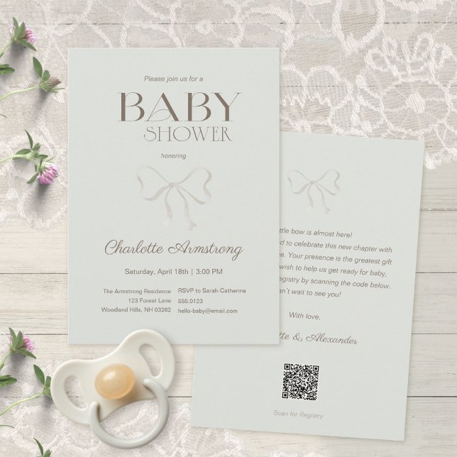 Convite Chuva de Bebê Arco de Aquarela Verde Sage Profundo (Deep Sage Green Watercolor Bow Baby Shower Invitation ©Susanne Sachers - Sunny Mind 🌞)