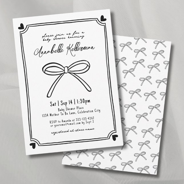 Convite Chuva de Bebê Arco Desenhado à Mão Caprichoso (Whimsical Hand Drawn Bow Baby Shower Invitation)