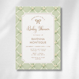 Convite Chuva de Bebê Arco Dourado Diagonal Floral Sage Vi