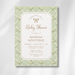Convite Chuva de Bebê Arco Dourado Diagonal Floral Sage Vi