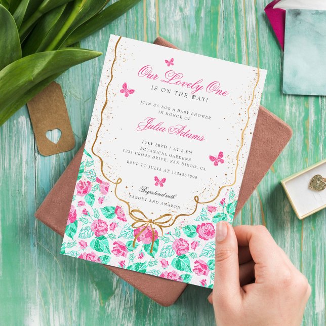 Convite Chuva de Bebê Arco Dourado Flor Rosa Adorável (Criador carregado)
