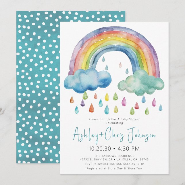 Convite Chuva de Bebê Arco-íris Aquarela Boho (Frente/Verso)