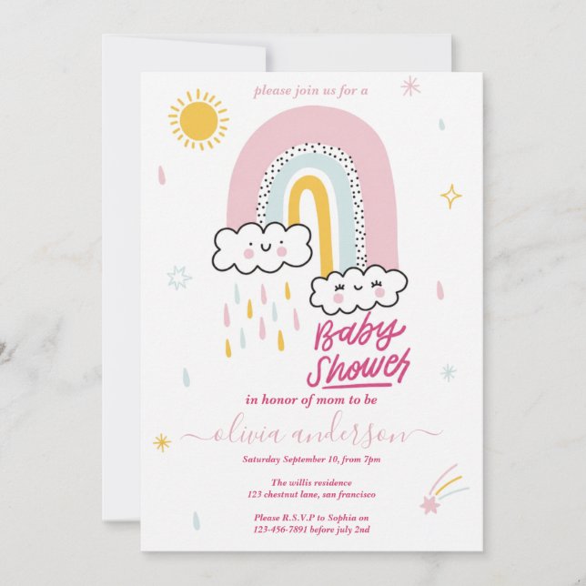 Convite Chuva de Bebê Arco-Íris Fofa (Frente)