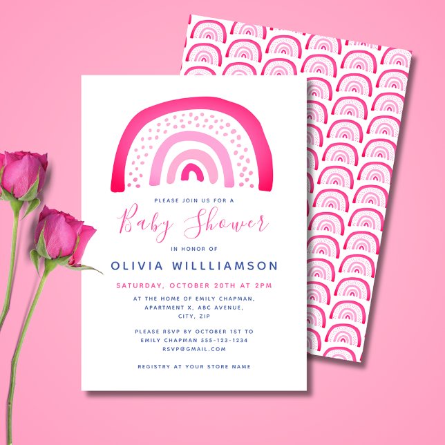 Convite Chuva de bebê arco-íris rosa moderna (Cute pink girls' rainbow, baby shower invitations and matching party range. 
)