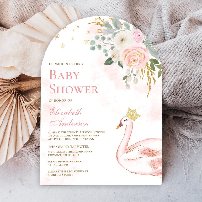 Convite Chuva de Bebê Arco Princesa Cisne Floral Rosa (Criador carregado)