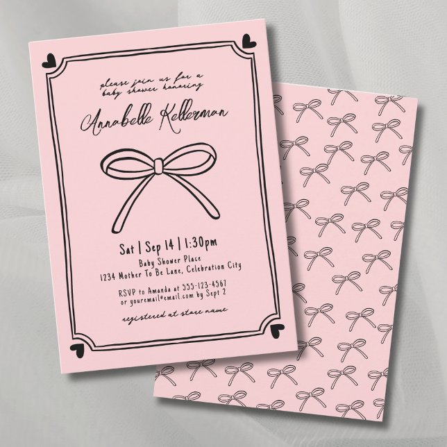Convite Chuva de Bebê Arco Rosa Desenhado à Mão Elegante (Hand Drawn Pink Bow Baby Shower Invitation)