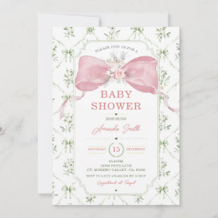 Convite Chuva de Bebê Arco Rosa Floral Chinoiserie Verde S