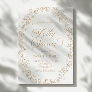 Convite Chuva de Bebê Arte de Linha de Rosas Florais Bege 