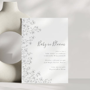 Convite Chuva de Bebê Arte Floral Preta e Branca Boho Mini
