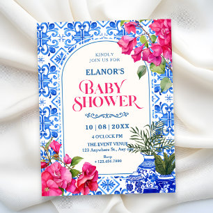 Convite Chuva de bebê artística com azulejos azuis e branc
