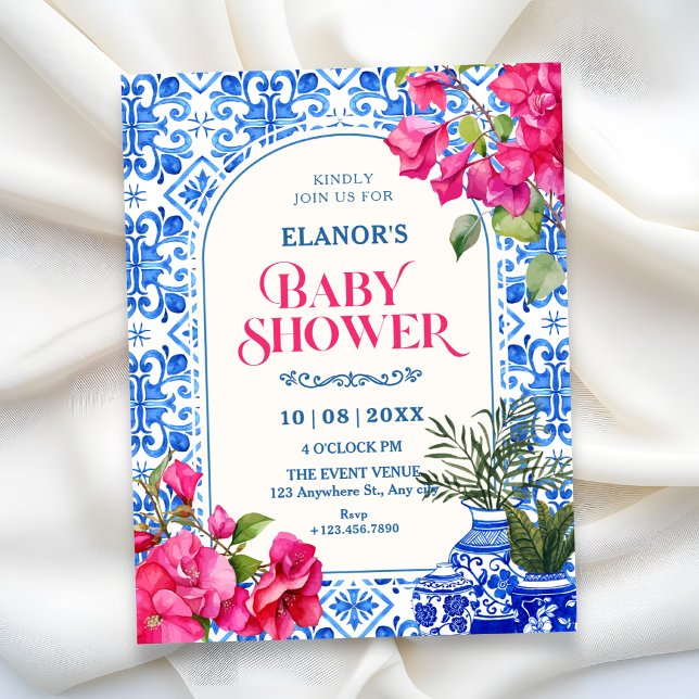 Convite Chuva de bebê artística com azulejos azuis e branc (Criador carregado)