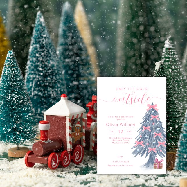 Convite Chuva de Bebê Árvore de Natal com Laço Rosa de Inv (Winter Pink Bow Christmas Tree Baby Shower Invitation)