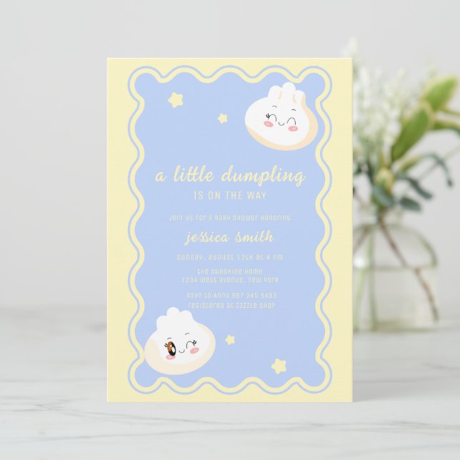 Convite Chuva de Bebê Azul Amarelo Estrela Dumpling Chinês (Em pé/Frente)