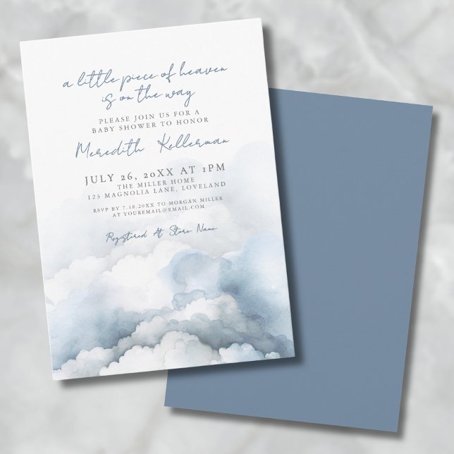 Convite Chuva de Bebê Azul Aquarela Céu Elegante (Elegant Heaven Watercolor Blue Baby Shower Invitation)