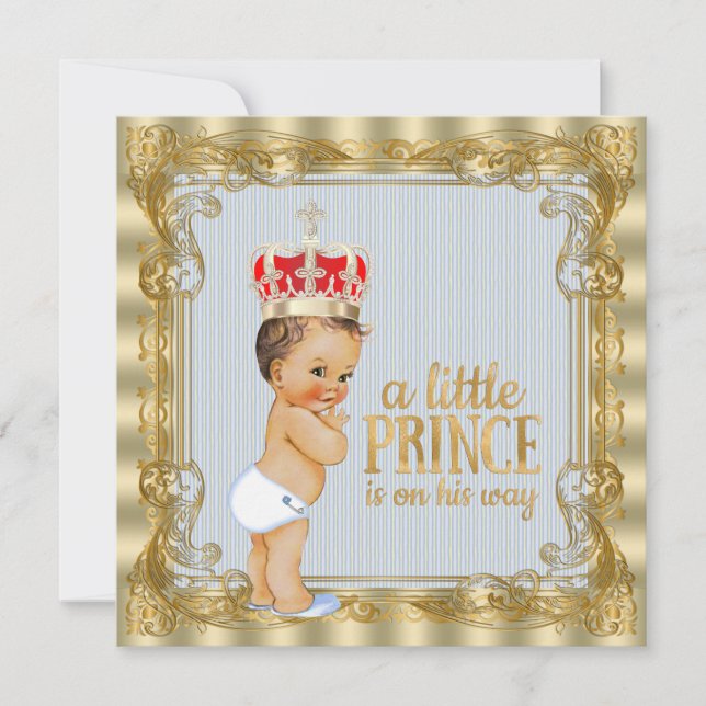 Convite Chuva de Bebê Azul Bebê Dourado Príncipe Real (Frente)