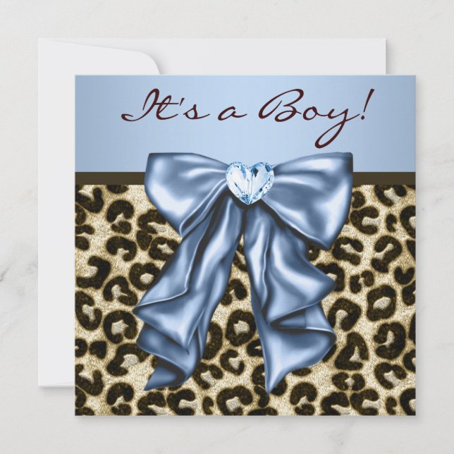 Convite Chuva de Bebê Azul Bebê Menino Leopardo Marrom (Frente)