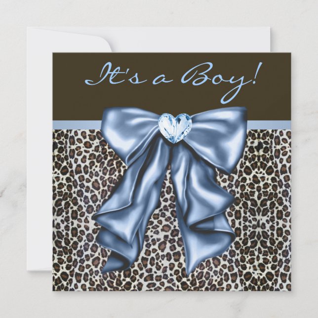 Convite Chuva de Bebê Azul Bebê Menino Leopardo Marrom (Frente)