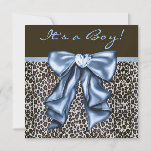 Convite Chuva de Bebê Azul Bebê Menino Leopardo Marrom