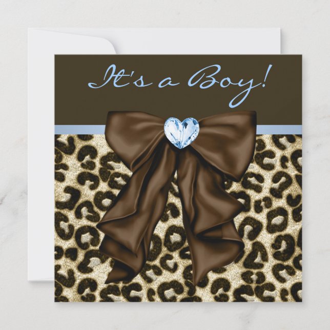 Convite Chuva de Bebê Azul Bebê Menino Leopardo Marrom (Frente)