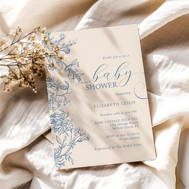 Convite Chuva de Bebê Azul Bege Elegante Vintage  (Criador carregado)