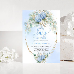 Convite Chuva de Bebê Azul Boho Elegante com Hortênsia Dou
