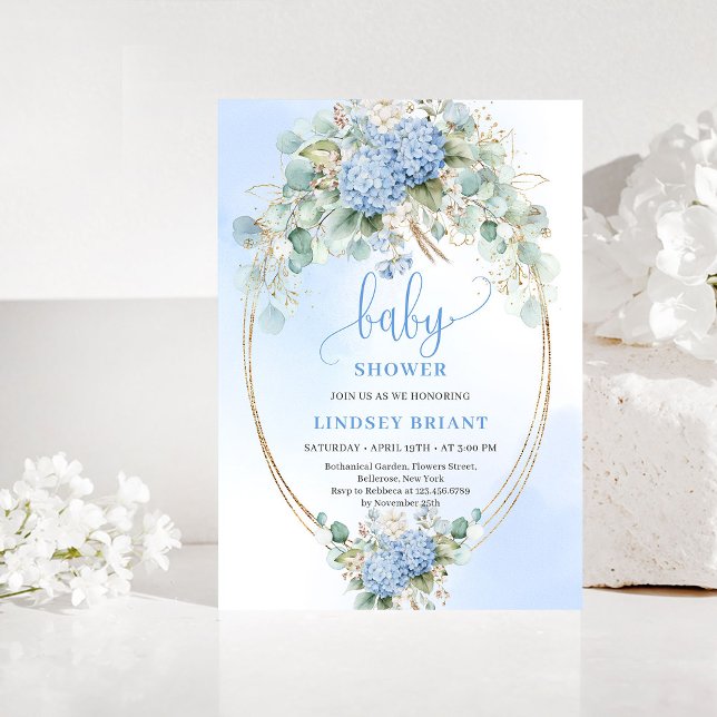 Convite Chuva de Bebê Azul Boho Elegante com Hortênsia Dou (Elegant Boho Blue Hydrangea Gold Baby Shower Invite)