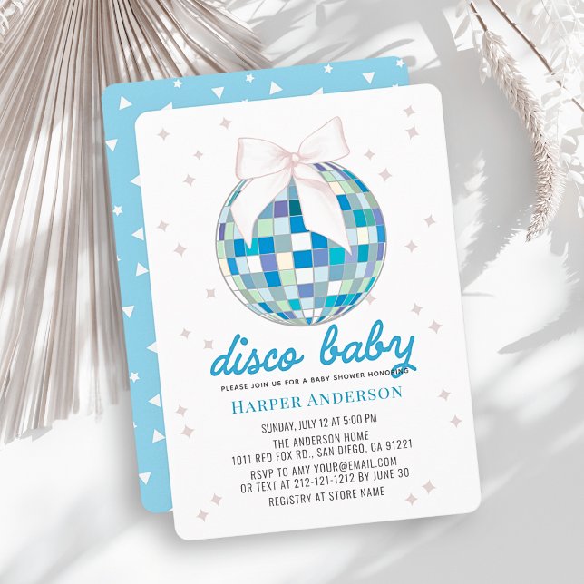 Convite Chuva de Bebê Azul Disco Bola de Disco Laço Menino (Criador carregado)