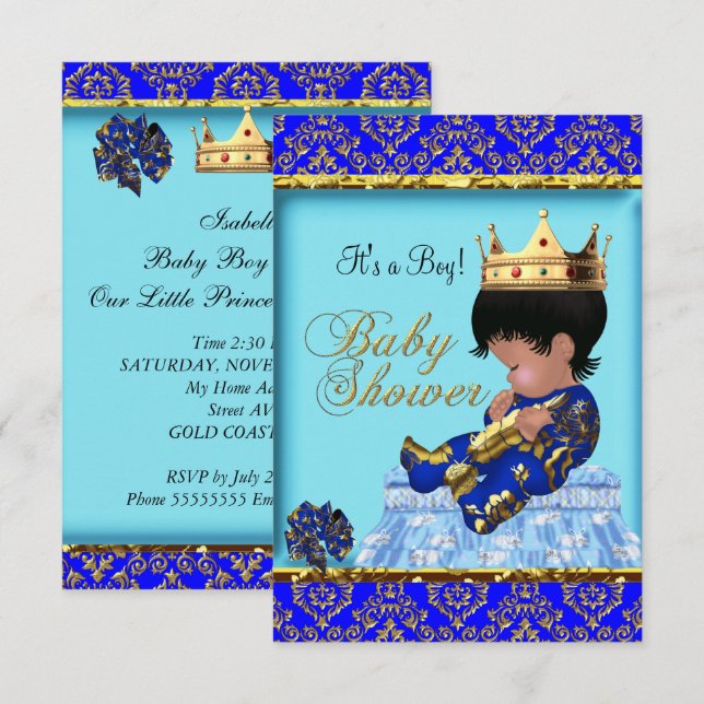 Convite Chuva de Bebê Azul Dourado Menino Príncipe (Frente/Verso)