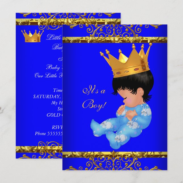 Convite Chuva de Bebê Azul Dourado Menino Príncipe Coroa 4 (Frente/Verso)