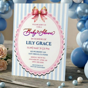 Convite Chuva de Bebê Azul e Branco com Laço de Fita Rosa