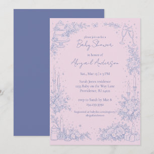 Convite Chuva de Bebê Azul e Rosa Periwinkle Vintage