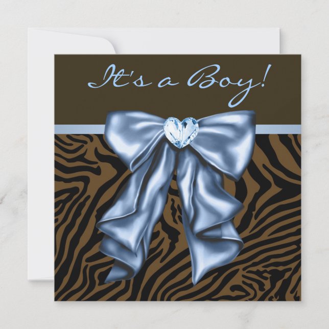 Convite Chuva de Bebê Azul Elegante de Zebra Menino (Frente)