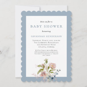 Convite Chuva de Bebê Azul Flor Silvestre Aquarela Elegant