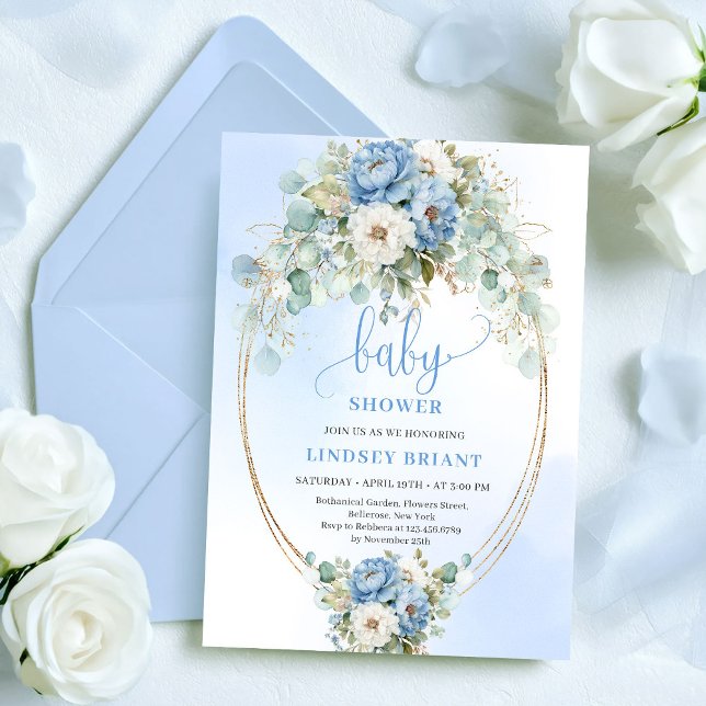 Convite Chuva de Bebê Azul Floral Verde Boho Elegante (Elegant Boho Blue Floral Greenery Gold Baby Shower)