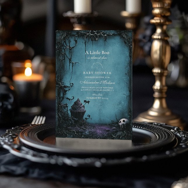 Convite Chuva de Bebê Azul Gótico de Halloween (Criador carregado)