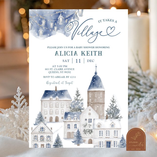 Convite Chuva de Bebê Azul Inverno Natal Hygge Vila (Criador carregado)