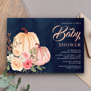 Convite Chuva de Bebê Azul Naval Floral Rosa Pêssego Abóbo