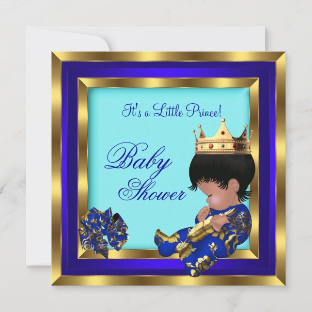 Convite Chuva de Bebê Azul Real Dourado Menino coroa prínc (Frente)