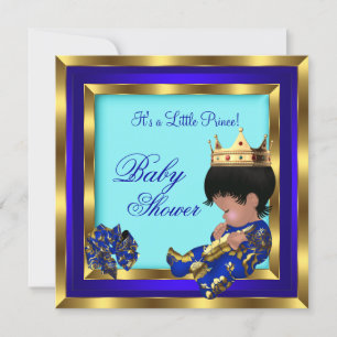 Convite Chuva de Bebê Azul Real Dourado Menino coroa prínc